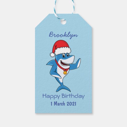 Grappig overzicht van de cartoon van de kersthaai cadeaulabel (Achterkant)