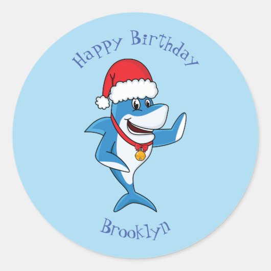 Grappig overzicht van de cartoon van de kersthaai ronde sticker (Voorkant)