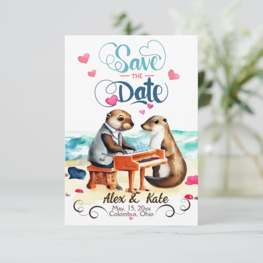 Grappig paar otters bruiloft save the date (Staand voorkant)