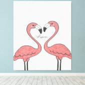 Grappig paar roze flamingo vogels | Flamingoliefhe Canvas Afdruk (Insitu (Houten vloer))