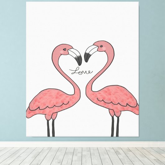 Grappig paar roze flamingo vogels | Flamingoliefhe Canvas Afdruk (Insitu (Houten vloer))