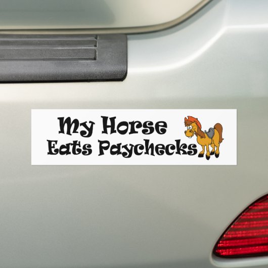 Grappig paard sticker. Mijn paard eet looncheques. Bumpersticker (Op auto)