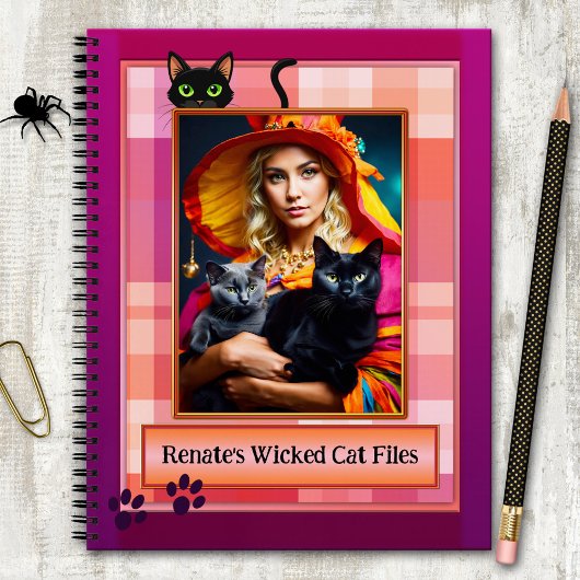 Grappig Paarse Plaid Wicked Cat Files Foto Notitieboek