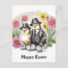 Grappig  paaskuikens roze geel bloemen briefkaart