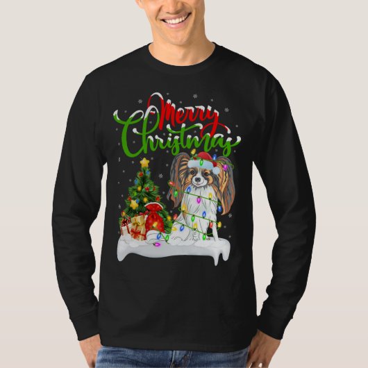 Grappig Papillon Hondenliefhebber Xmas Verlichting T-shirt (Voorkant)