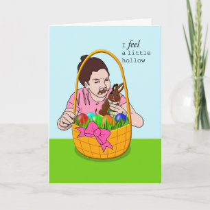 Grappig Pasen met een vrouw die chocolade eet Kaart
