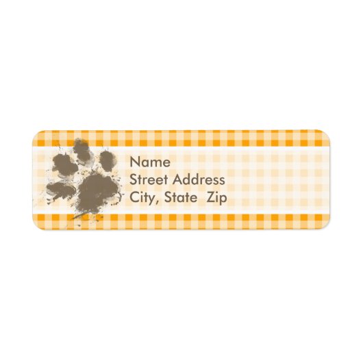 Grappig Pawprint Amber Sinaasappel Gingham Etiket (Voorkant)