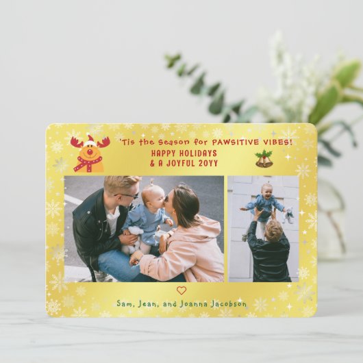 Grappig pawsitive Rudolph 2 foto's Minimalist Gold Feestdagenkaart (Staand voorkant)