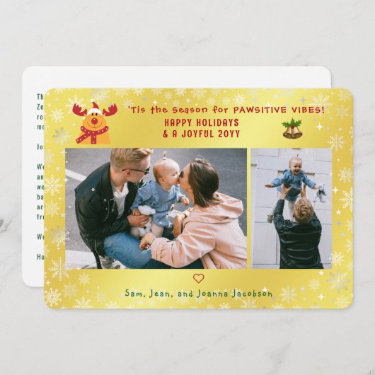Grappig pawsitive Rudolph 2 foto's Minimalist Gold Feestdagenkaart (Voorkant / Achterkant)
