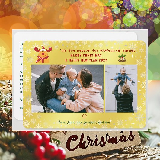 Grappig pawsitive Rudolph minimalist 2 foto's Gold Feestdagenkaart