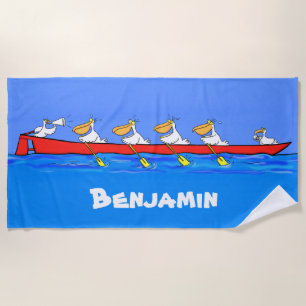 Grappig pelikans die een cartoon-badhanddoek van e strandlaken