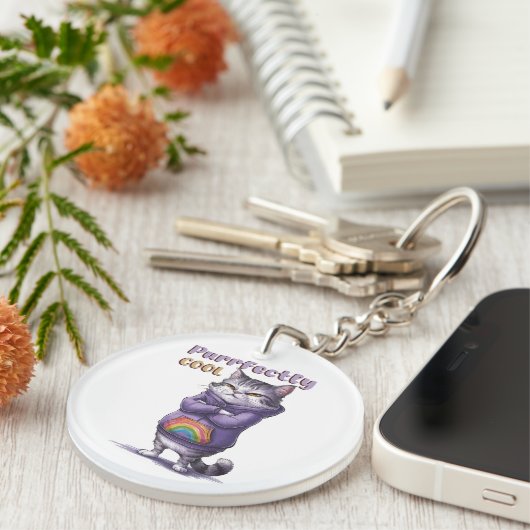 Grappig "Perfect Cool" Cat Sleutelhanger (Voorkant Rechts)