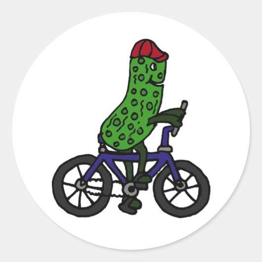 Grappig Pickle Riding Bicycle Cartoon Ronde Sticker (Voorkant)