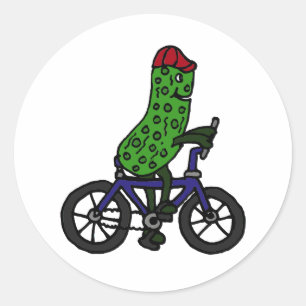 Grappig Pickle Riding Bicycle Cartoon Ronde Sticker