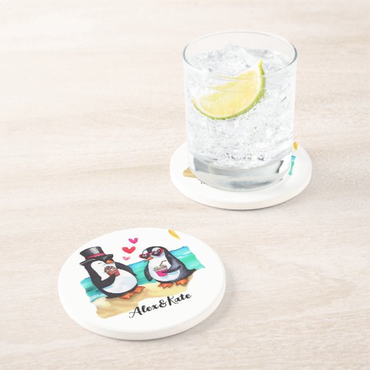 Grappig Pinguïn Koppel, Dieren Verliefd Zandsteen Onderzetter (Zijkant)