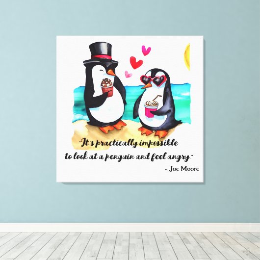 Grappig Pinguïn Paar, Dieren in Liefde Canvas Afdruk (Insitu (Houten vloer))