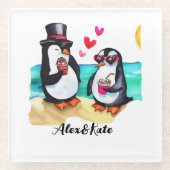 Grappig Pinguïn Paar, Dieren in Liefde Glazen Onderzetter (Voorkant)
