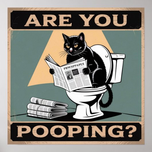 Grappig, "poep je?" Zwarte kat op het toilet Poster (Voorkant)