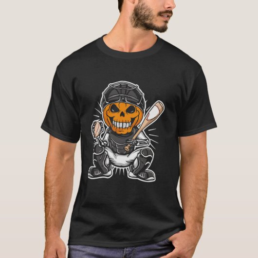 Grappig pompoen skelet spelen honkbal catcher ha t-shirt (Voorkant)