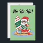 Grappig Prettig kerstfeest Kerstman op zomerse sur Feestdagenkaart<br><div class="desc">Toont Kerstman in een groen Aloha-shirt op een strand met een rood gestreept surfplank en een drankje. Op de surfplank staat "Prettig kerstfeest". Pas de grote tekst op de voor- en achterkant aan.
Grappig cartoontje voor kerst in juli of december,  voor zomervakantie,  feestjes en plezier.</div>