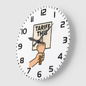 Grappig protest teken tarief deze middelvinger grote klok (Hoek)