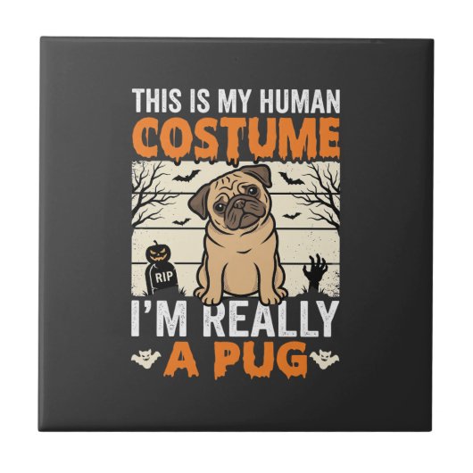 Grappig Pug Halloween Mensen Kostuum Ontwerp Tegeltje (Voorkant)