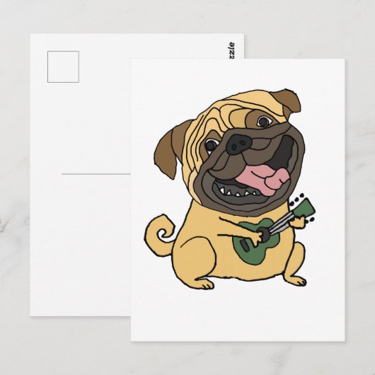 Grappig Pug Spelen Ukulele Cartoon Briefkaart (Voorkant / Achterkant)