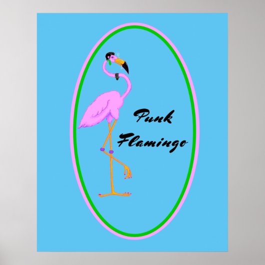 Grappig Punk Roze Flamingo op Blauwgroen Poster (Voorkant)