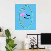 Grappig Punk Roze Flamingo op Blauwgroen Poster (Thuiskantoor)