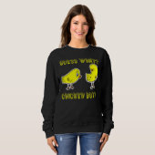 Grappig, raad eens wat kip Butt. Witte T Shirten Trui (Voorkant volledig)