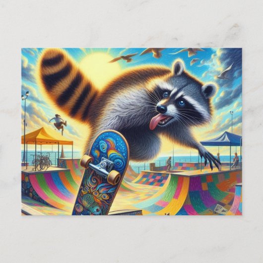 Grappig Raccoon Skateboarden Briefkaart (Voorkant)