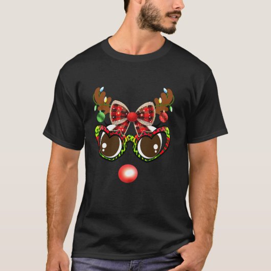 Grappig rendier gezicht luipaard bril gelegd Kerst T-shirt (Voorkant)