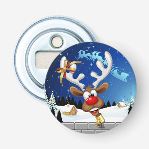Grappig rendier gluurt Kerstmis meme Button Flesopener