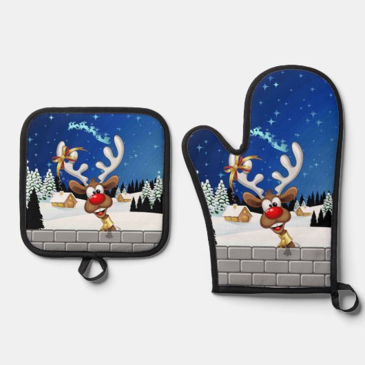 Grappig rendier gluurt Kerstmis meme Ovenwant & Pannenlap Set (Voorkant)