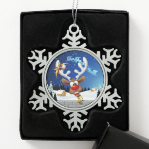 Grappig rendier gluurt Kerstmis meme Tin Sneeuwvlok Ornament