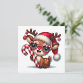 Grappig Rendier met Kerstmuts en Suikerstok Feestdagenkaart (Staand voorkant)