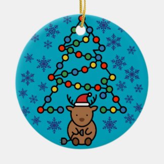Grappig rendier met stekker en kerstlichtenboom keramisch ornament