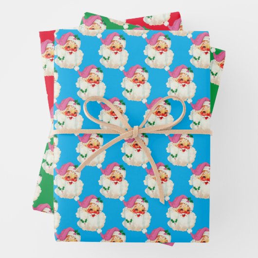 Grappig Retro Blauw Rood Sinterklaas Gezicht Kerst Inpakpapier Vel (In situ)