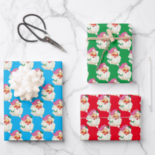 Grappig Retro Blauw Rood Sinterklaas Gezicht Kerst Inpakpapier Vel