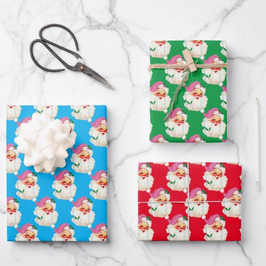 Grappig Retro Blauw Rood Sinterklaas Gezicht Kerst Inpakpapier Vel (Voorkant)