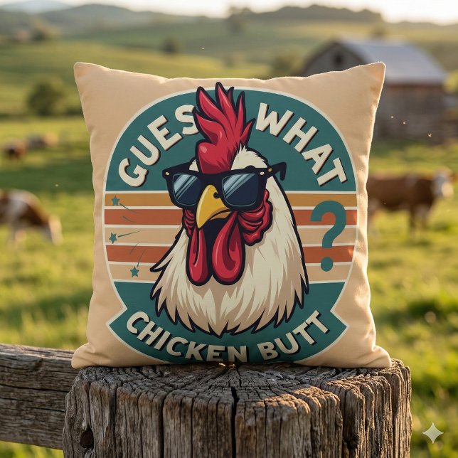Grappig retro kip kont grap ontwerp kussen (Funny Retro Chicken Butt Joke Design Throw Pillow Mockup C)