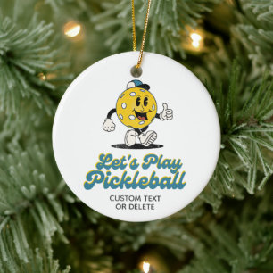 Grappig Retro Pickleball Cartoon Mascotte Custom Keramisch Ornament