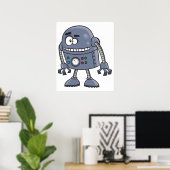Grappig Robot Karakter Schattig Blauw Retro Poster (Thuiskantoor)