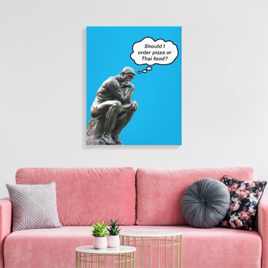 Grappig Rodin Thinker Statue - Pizza of Thai Food? Canvas Afdruk (Insitu (Woonkamer))