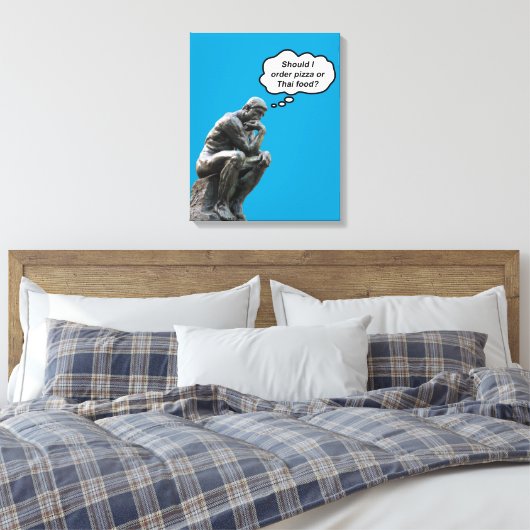 Grappig Rodin Thinker Statue - Pizza of Thai Food? Canvas Afdruk (Insitu (Slaapkamer))