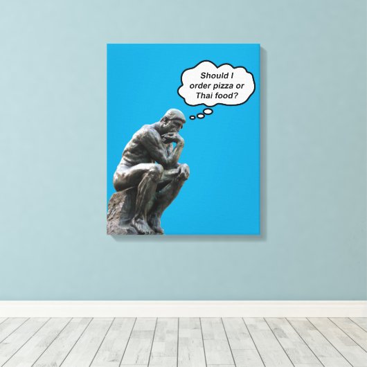 Grappig Rodin Thinker Statue - Pizza of Thai Food? Canvas Afdruk (Insitu (Houten vloer))