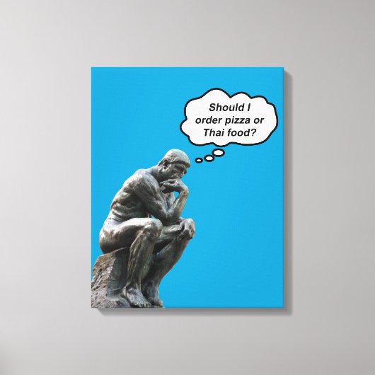 Grappig Rodin Thinker Statue - Pizza of Thai Food? Canvas Afdruk (Voorkant)