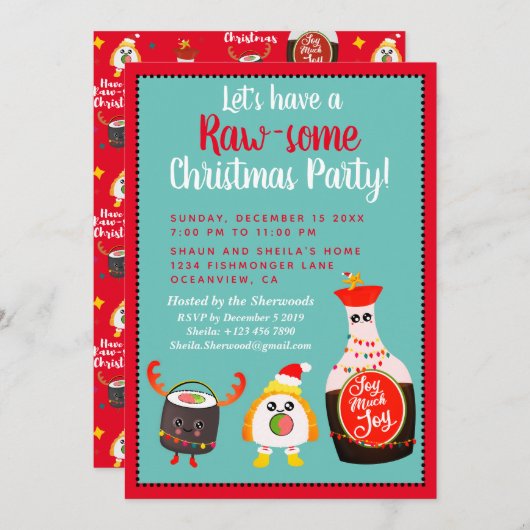 Grappig Rood Kawaii Sushi Feestelijk Kerstfeest Kaart (Voorkant / Achterkant)