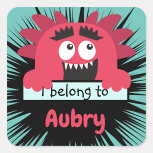 Grappig rood monster school buddy gepersonaliseerd vierkante sticker