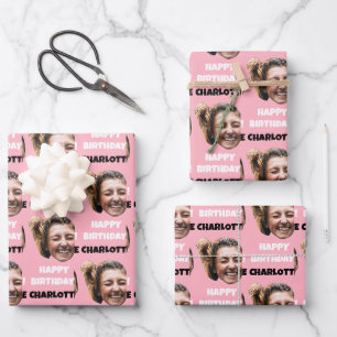 Grappig Roze Aangepaste Gezichtsfoto Gelukkige Ver Inpakpapier Vel